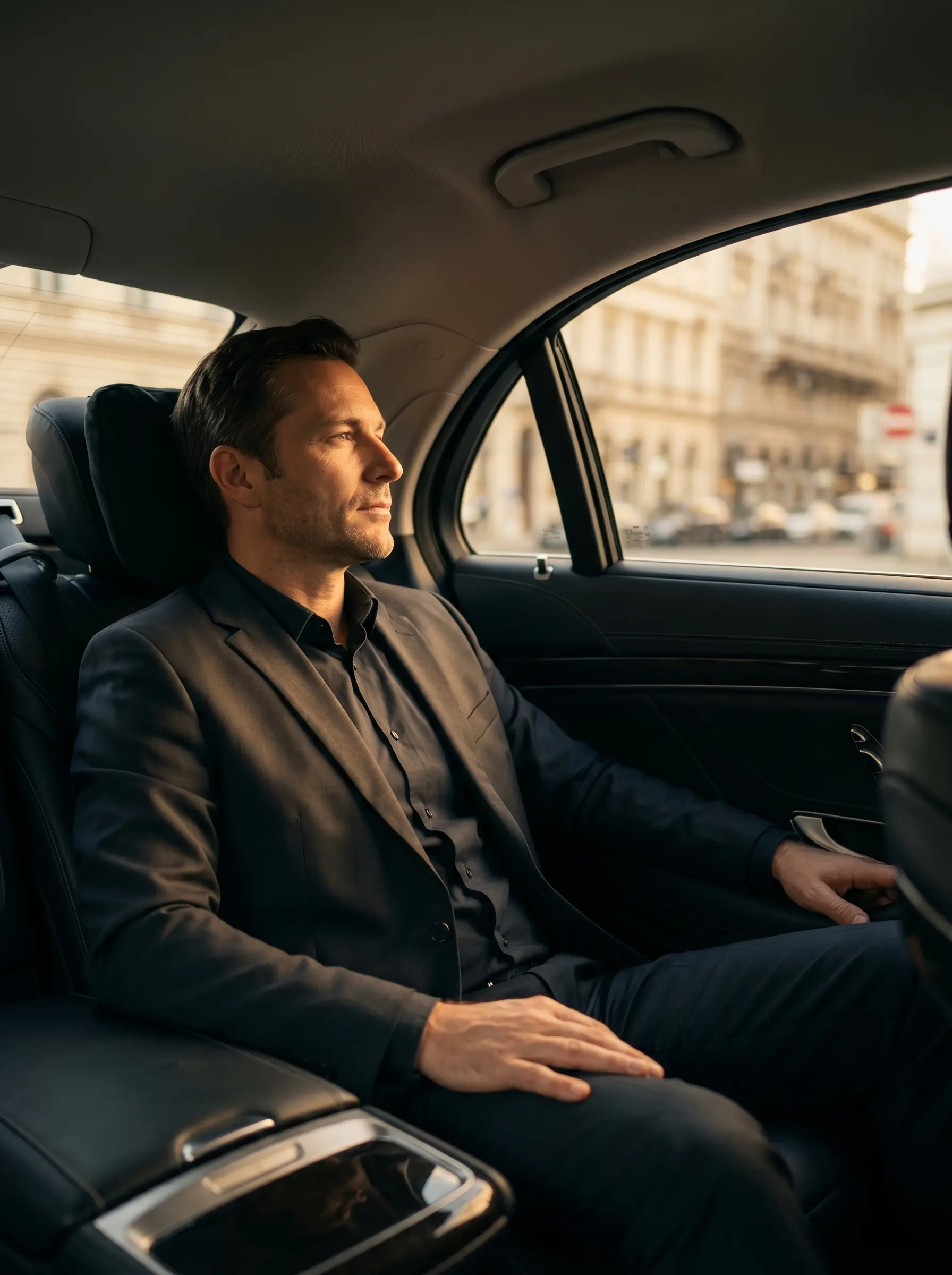 Flexible on-call chauffeur opens car door in front of Viennese hotel