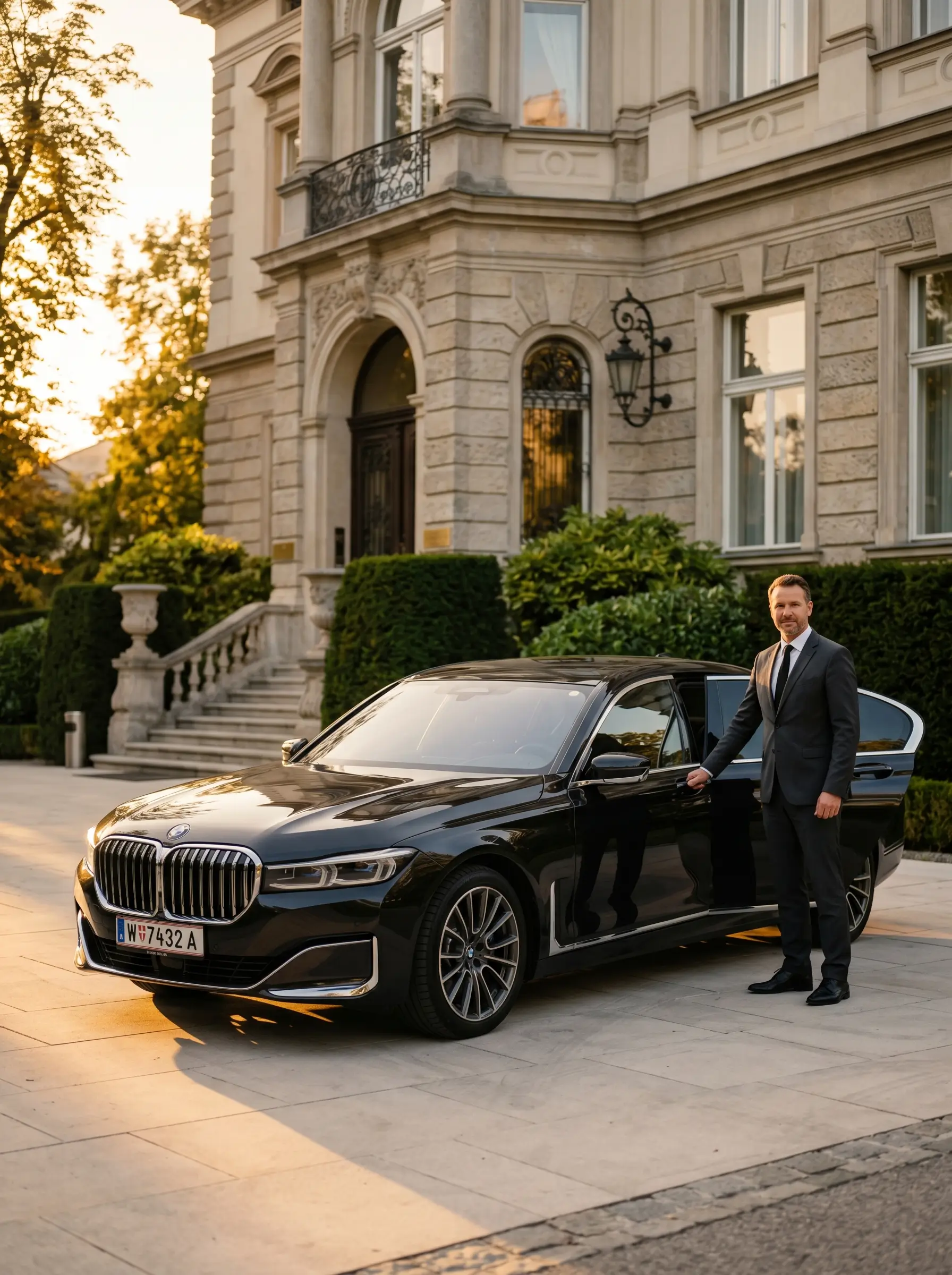 Personal driver in Vienna assists client with entry into premium vehicle