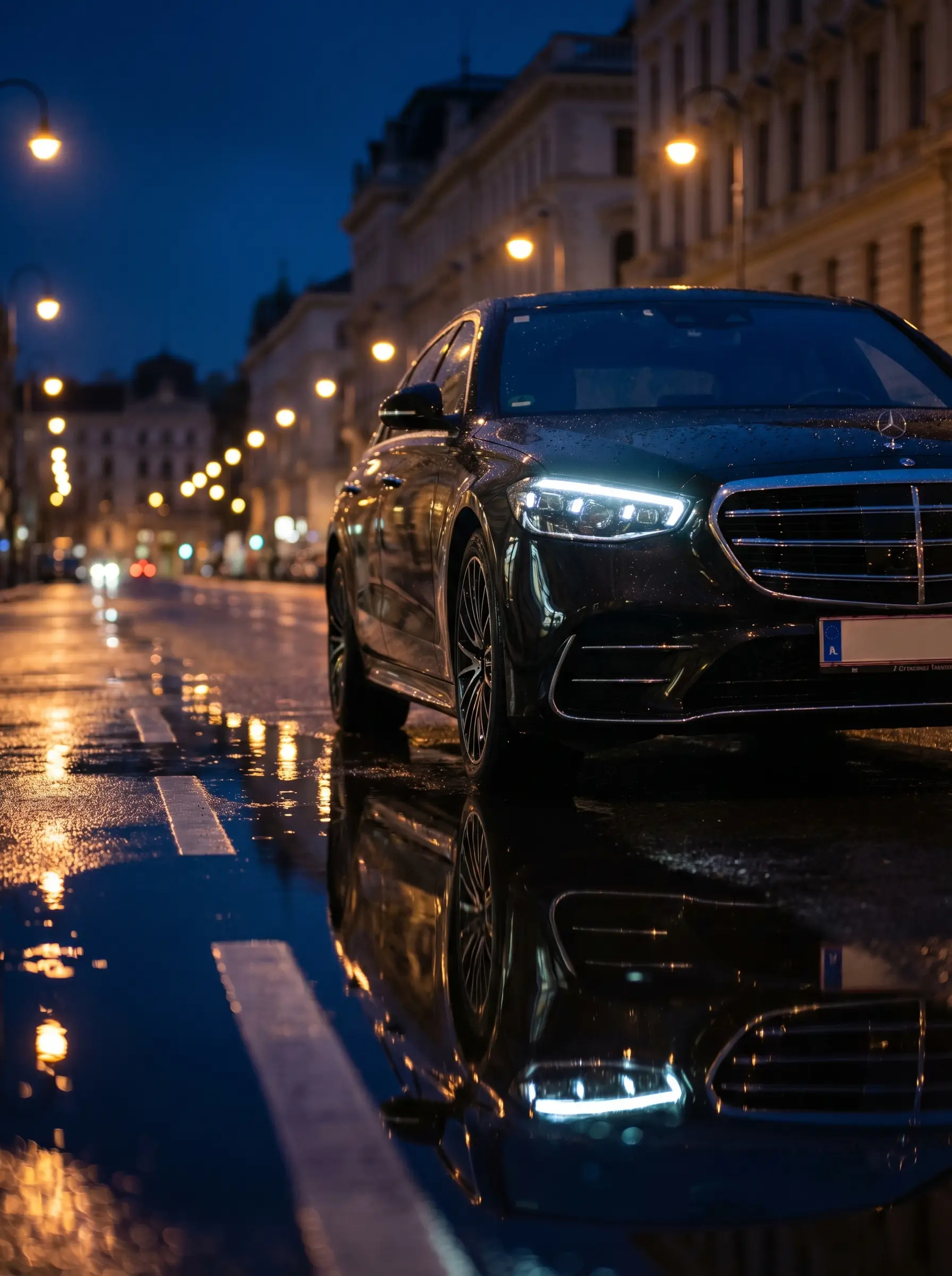 Professional chauffeur opens the door of a luxury sedan in Vienna