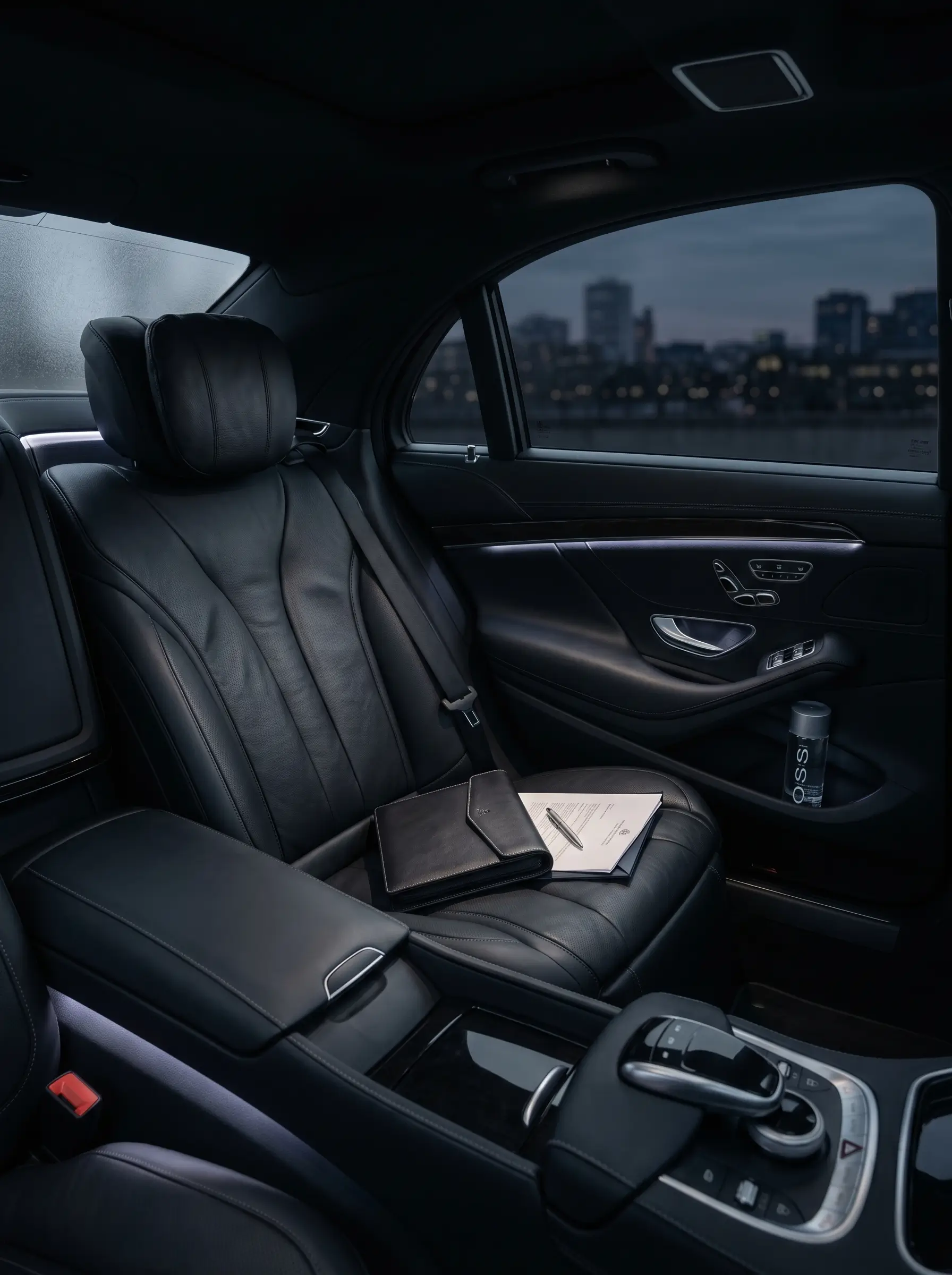 Protocol-compliant chauffeur Vienna stands next to black limousine in front of embassy building