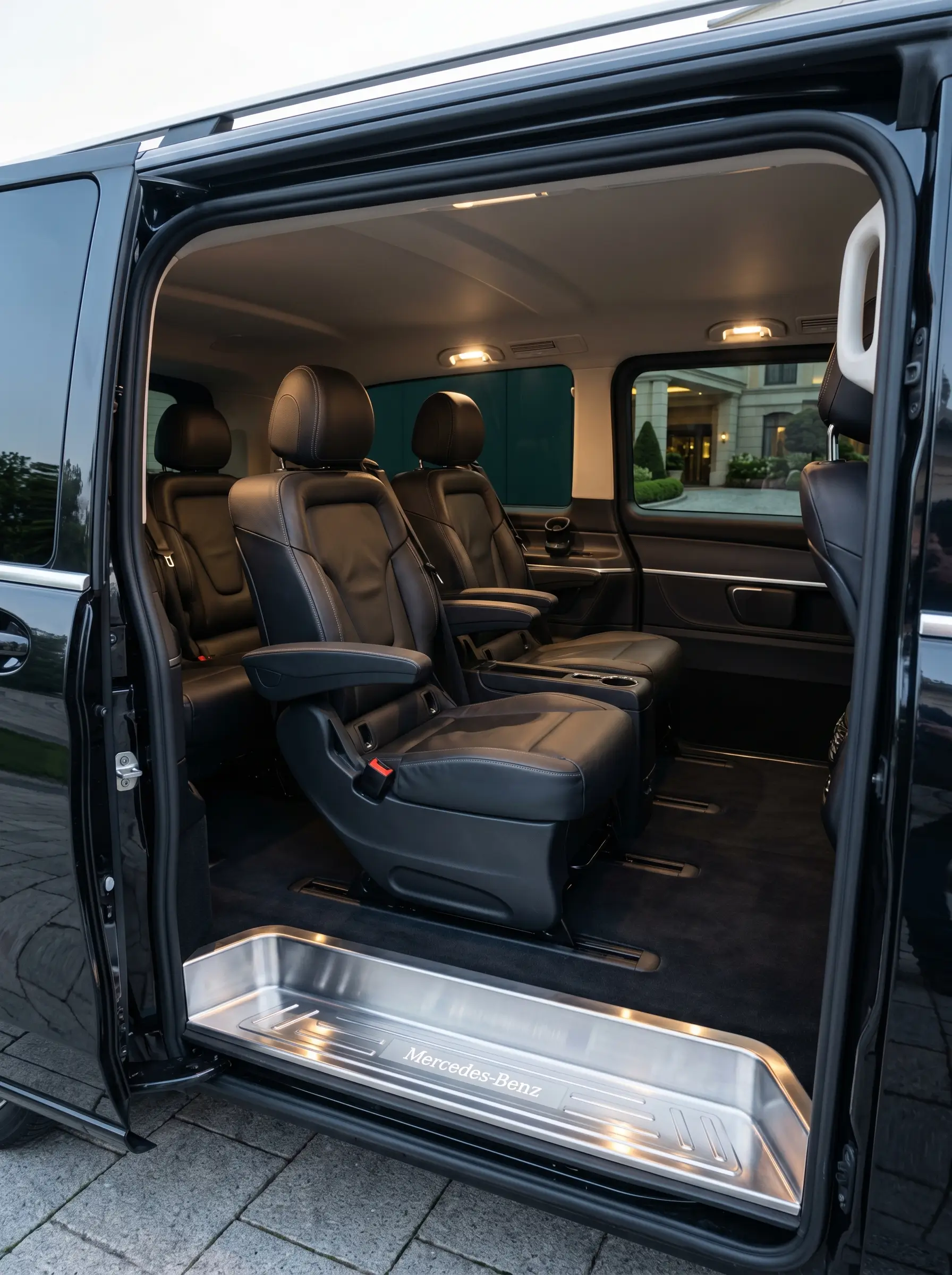 Spacious interior of a Mercedes shuttle vehicle for corporate clients in Vienna